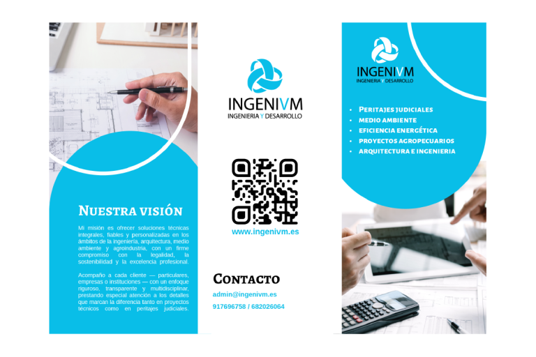 Folleto de servicios de ingeniería con códigos QR y contactos. Diseño moderno y atractivo.