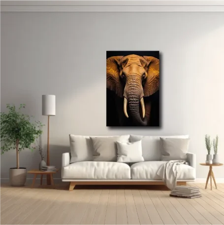 Elefante con colmillos sobresaliendo, decorando una sala moderna y luminosa.