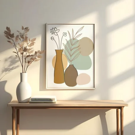 Vasos decorativos sobre una mesa con un cuadro abstracto en la pared iluminado por el sol.