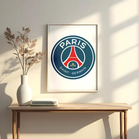 Logo del Paris Saint-Germain enmarcado en una pared con luz natural y jarrón decorativo.
