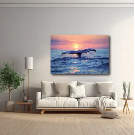 Un salón moderno con una pintura de una ola y un atardecer en la pared.