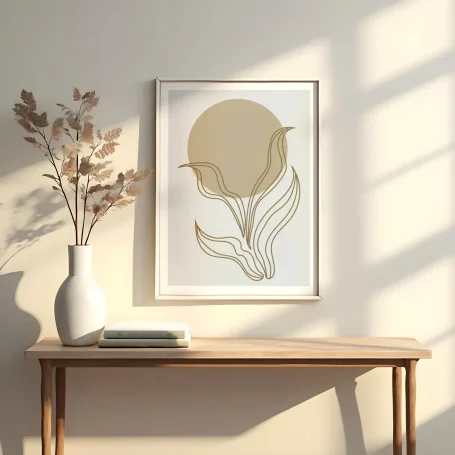 Decoración minimalista con un jarrón blanco, una planta y un cuadro en una mesa de madera.