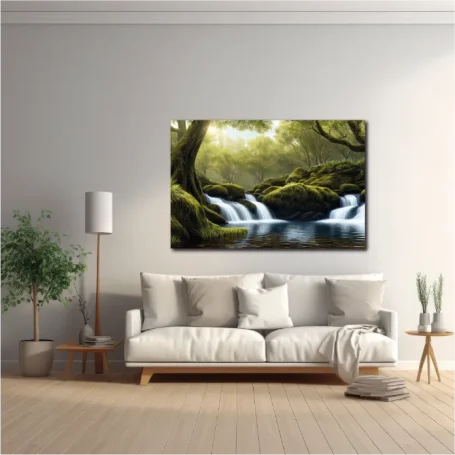 Paisaje de un río con cascadas y vegetación, decorando una sala moderna y luminosa.