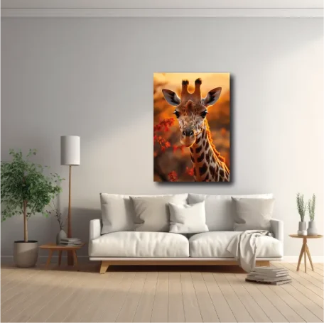 Giraffa en un entorno natural, decorando una sala moderna y luminosa.
