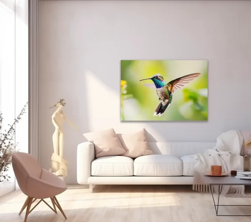 Colibrí posado en una planta, decorando un moderno salón.