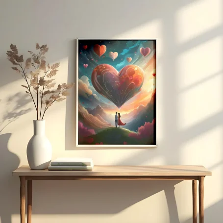 Pareja en un paisaje de ensueño rodeada de corazones sobre un fondo colorido.
