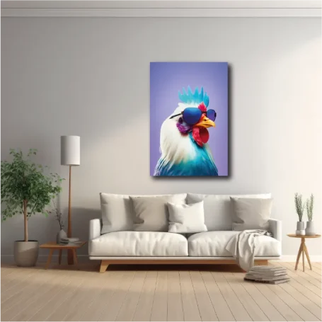 Retrato de un gallo colorido en un fondo morado, decorando una sala moderna.