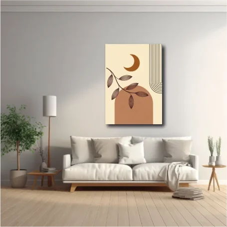 Sofá moderno con decoración minimalista y una obra de arte abstracta en la pared.