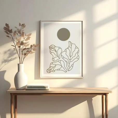 Cuadro minimalista con líneas de hojas y un círculo, sobre una mesa con un jarrón y un libro.