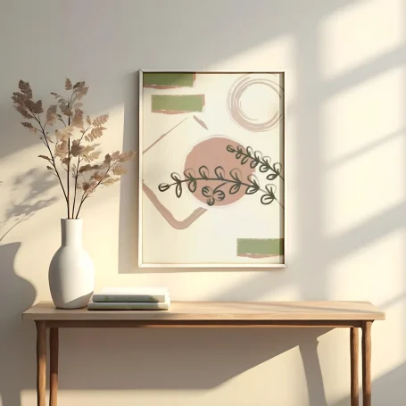 Cuadro abstracto sobre una mesa con un jarrón y ramitas secas en un entorno iluminado.
