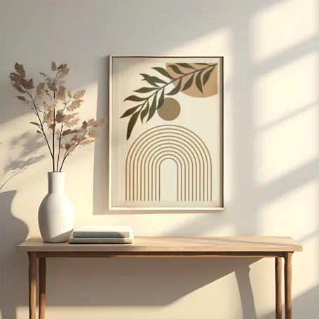 Cuadro con formas geométricas y ramo de hojas sobre una mesa de madera.