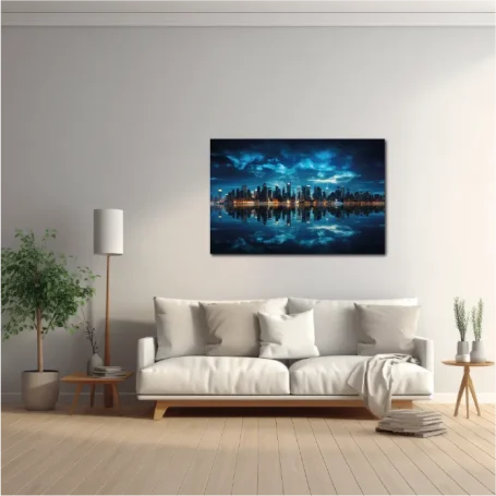 Sala minimalista con sofá blanco, lámpara, planta y un paisaje nocturno en la pared.