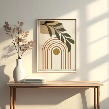 Cuadro decorativo con arcos y hojas, junto a un jarrón con ramas secas sobre una mesa.