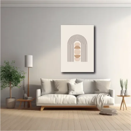 Sala moderna con un sofá, lámpara, planta y una obra de arte en la pared.