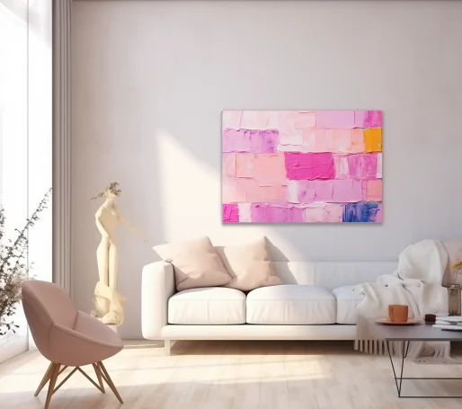 Pared con arte abstracto en tonos rosas y un sofá claro en una sala luminosa.